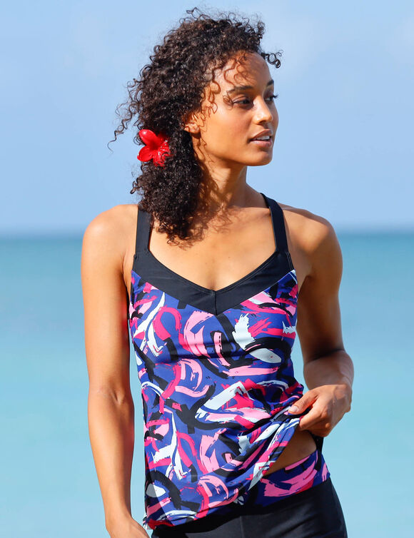 Bedrukte tankini met gekruiste rug Lohena, voorgevormde cups (blauw / roze)