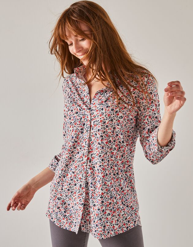 Chemise liquette boutonnée imprimé fleuri, crêpe (gris / corail)