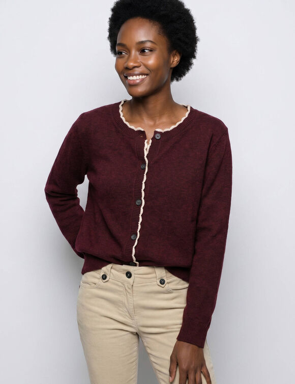 Cardigan &agrave; bords festonn&eacute;s contrast&eacute;s, enrichi en laine (bordeaux / beige)