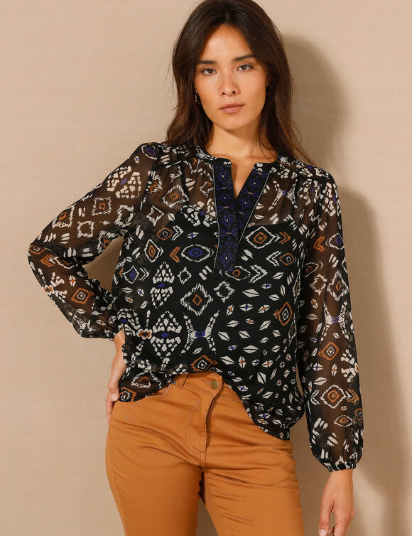 Blouse en voile imprimé  (noir / écru)