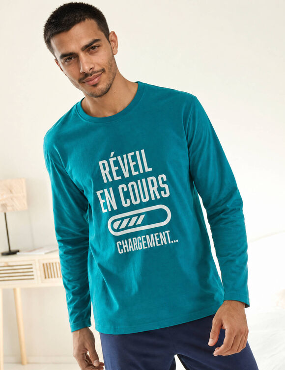 Pyjama col rond &agrave; message (bleu canard / marine)