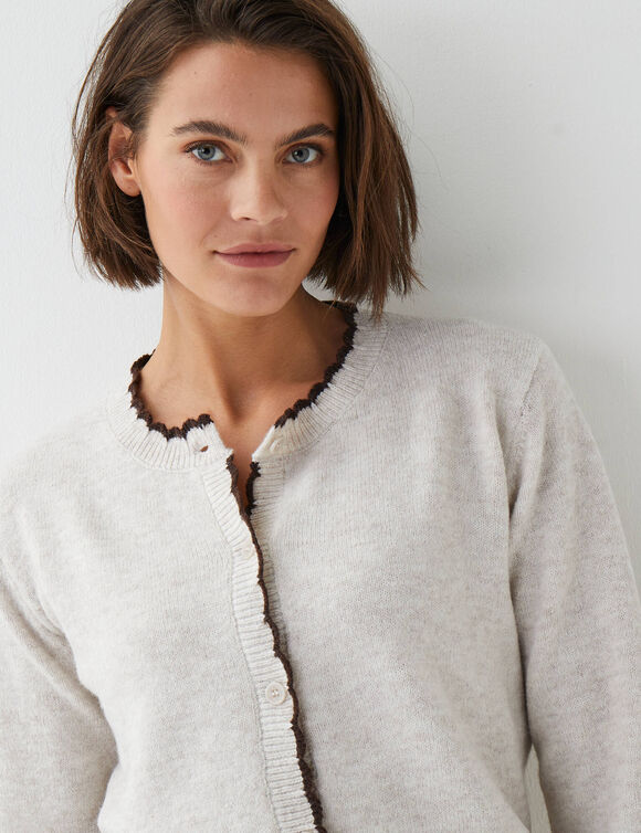 Cardigan &agrave; bords festonn&eacute;s contrast&eacute;s, enrichi en laine (beige / chocolat)