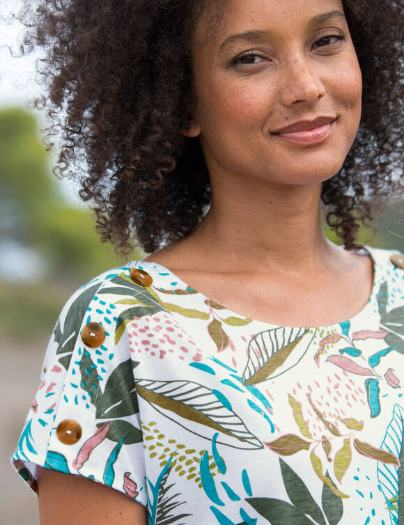 T-shirt col rond imprimé tropical (blanc / kaki)