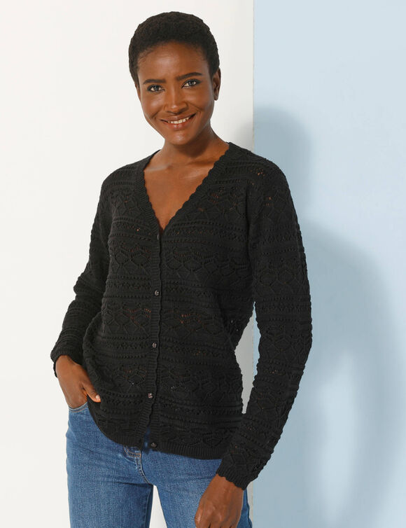 Gilet col V boutonné, maille fantaisie (noir)