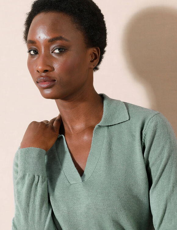 Pull col polo, laine d'agneau (vert grisé)