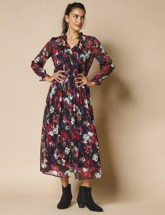 Robe longue taille smockée, voile imprimé (noir / multicolore)