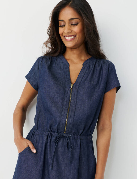 Robe longue col zipp&eacute;, denim l&eacute;ger (brut)