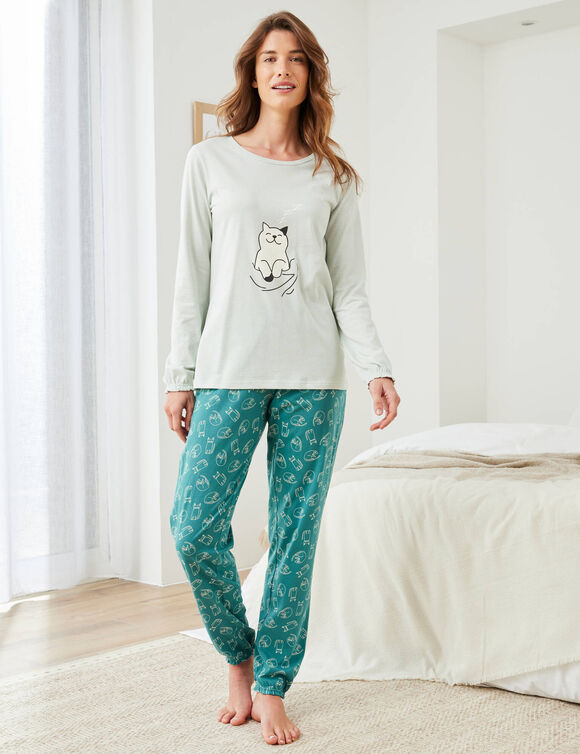 Pyjama motif "chat" manches longues volantées  (vert / céladon)