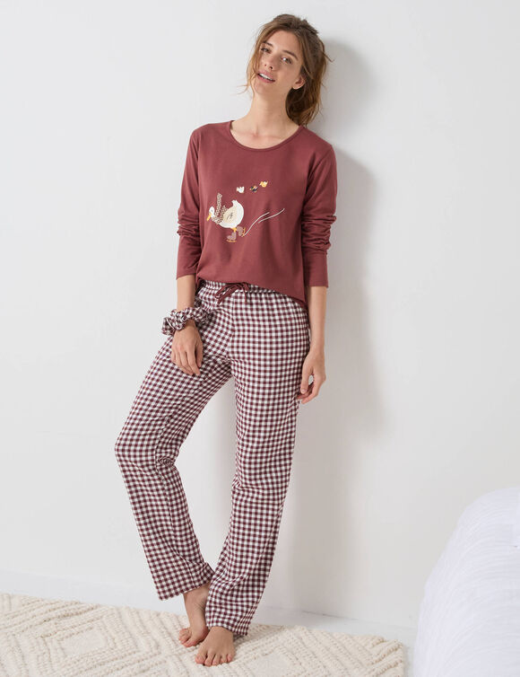 Pyjama pantalon "canards" et vichy en coton-flanelle + chouchou assorti (chocolat / écru)