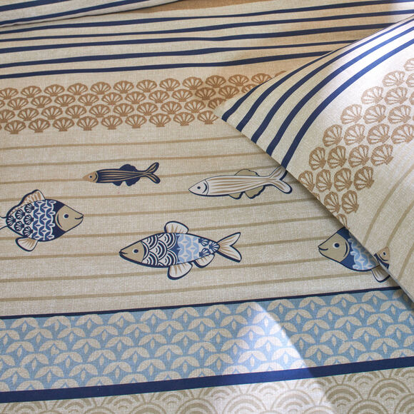 Linge de lit Riviera en coton imprimé poissons (bleu)