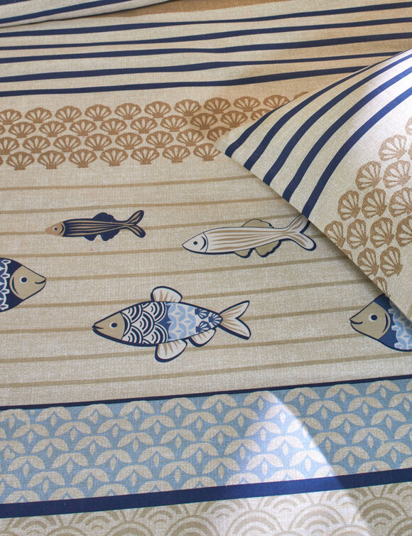 Bedlinnen Riviera in katoen met vissenprint (blauw)