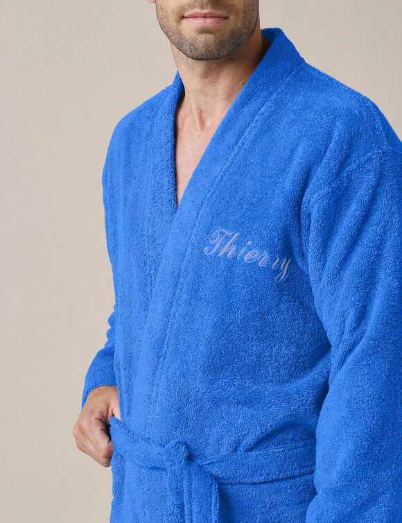 Effen badjas in lusjesbadstof met kimonokraag, volwassenen, gepersonaliseerd (felblauw)