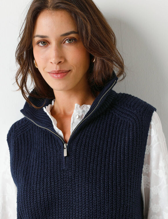 Pull tunique en côte sans manches, col montant zippé (marine)