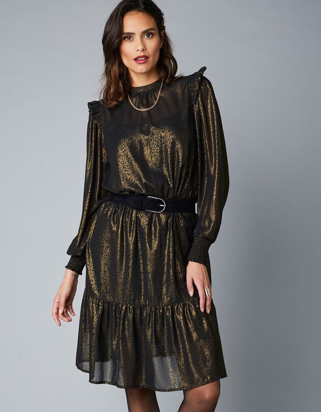 Robe évasée imprimé animalier doré - manches longues, noir / doré Robe évasée imprimé animalier doré - manches longues, noir / doré, hi-res