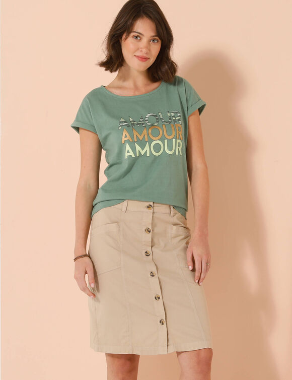 T-shirt imprimé "amour", manches à revers (vert grisé)