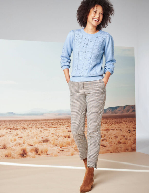 Pull col rond, maille fantaisie toucher doux (bleu grisé)