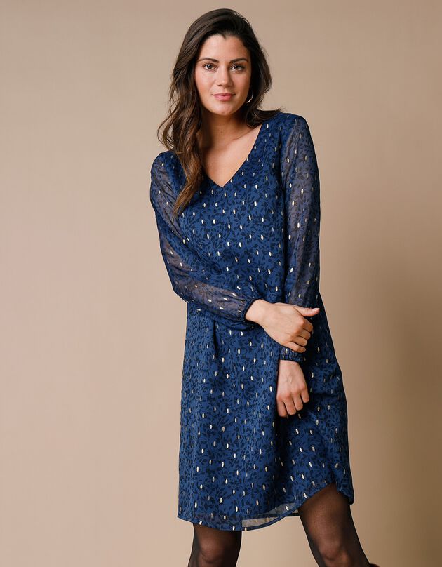 Jurk in voile met goudkleurige print (blauw)