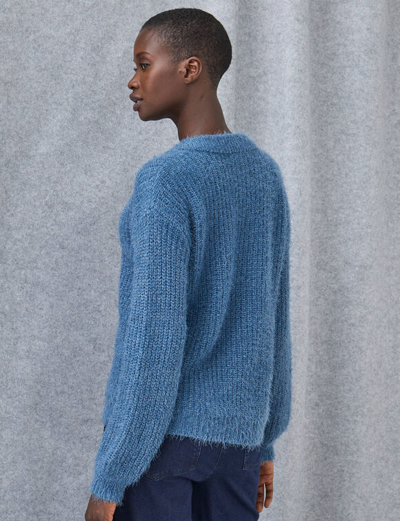 Pull loose col tunisien boutonn&eacute;, maille anglaise fils brillants (bleu gris&eacute;)