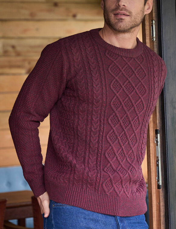 Pull col rond maille irlandaise (bordeaux chin&eacute;)