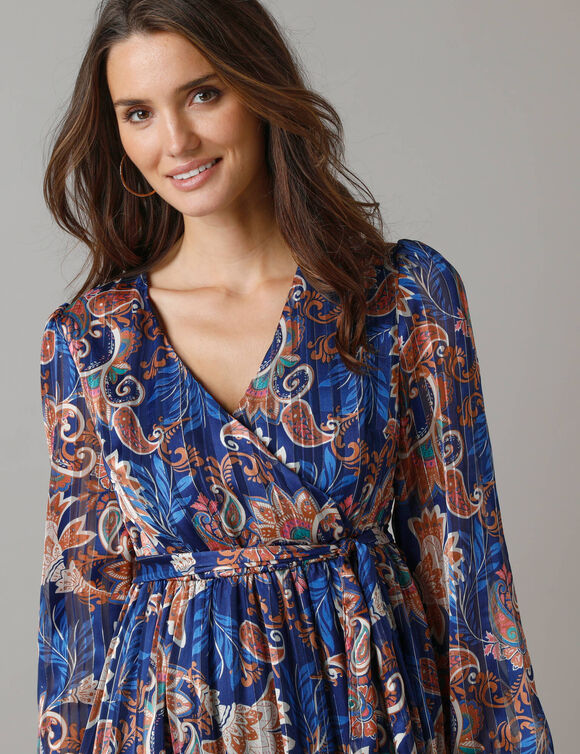 Robe longue en voile, imprimé fleurs indiennes (bleu / beige)