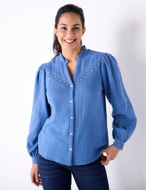 Chemisier boutonné macramé, gaze de coton (indigo)