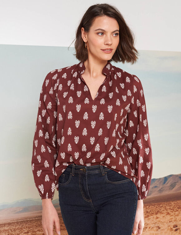 Blouse imprimée col montant, manches blousantes (chocolat / beige)