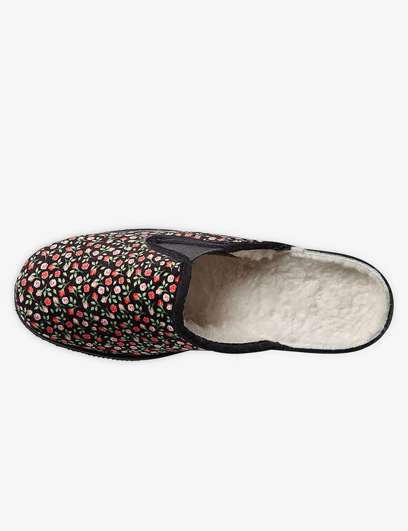 Mules sabot imprim&eacute;es fleurs - fourr&eacute;es (noir)