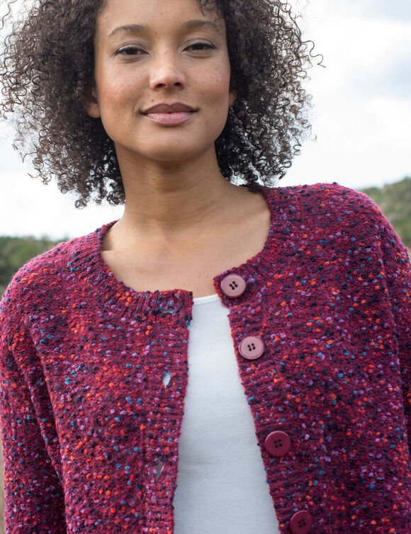 Gilet boutonné maille bouclette (prune)