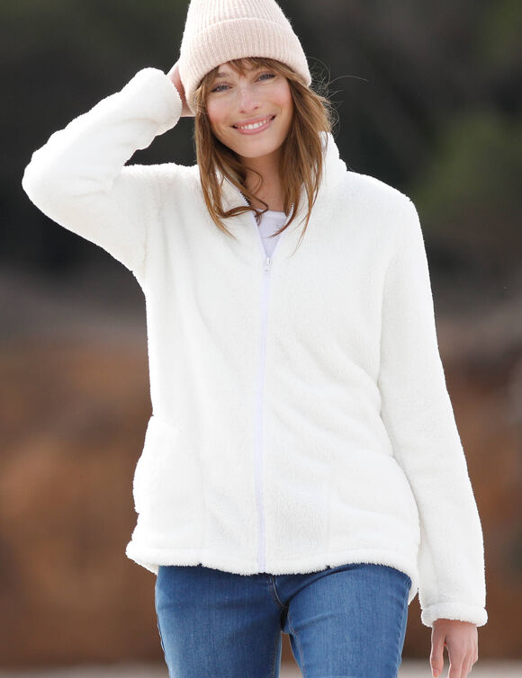 Veste zippée, maille peluche (écru)
