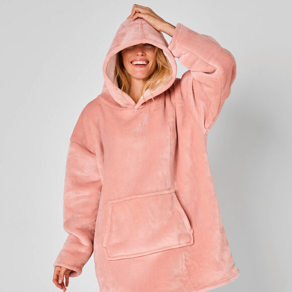 Plaid-sweat polaire à capuche doublé sherpa (rose)