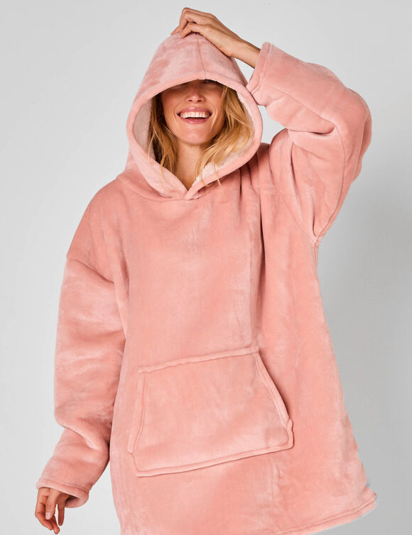 Hoodie-plaid in fleece met kap en sherpavoering (roze)