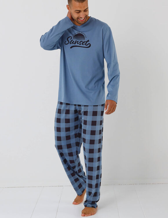 Pyjama coton carreaux manches longues (bleu gris&eacute;)