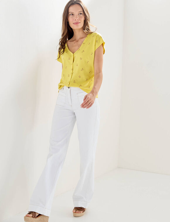 T-shirt col V boutonn&eacute; imprim&eacute; cerises dor&eacute;es (anis / dor&eacute;)