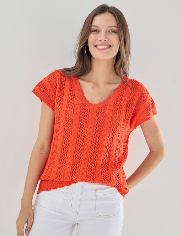 Pull col V manches courtes, maille ajour&eacute;e (orange)