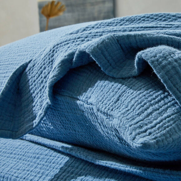 Linge de lit uni en triple gaze de coton (bleu)