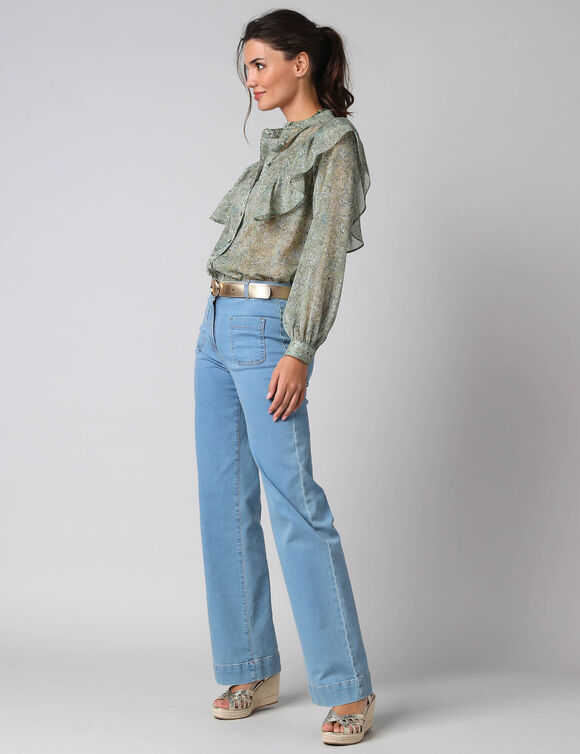 Chemisier volant&eacute; voile chiffon imprim&eacute; (vert / bleu)