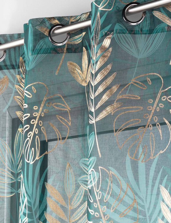 Voilegordijn met metallic bladerenprint (smaragd)