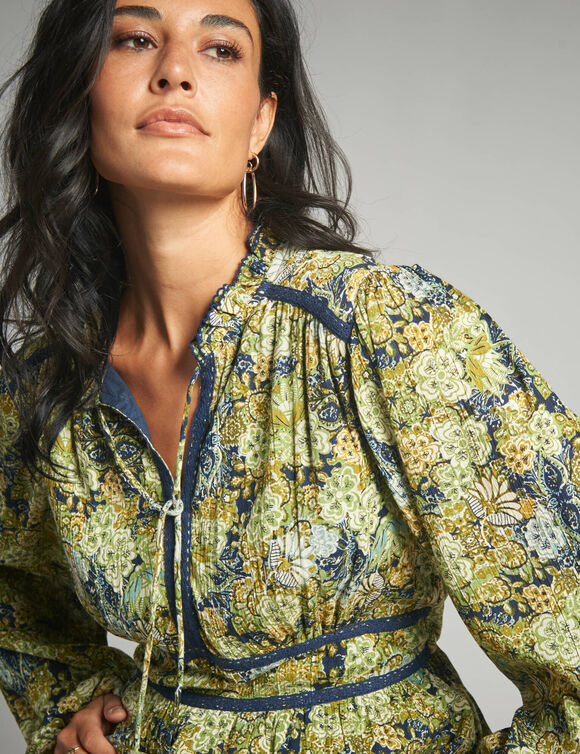 Robe longue imprim&eacute; floral finition macram&eacute; (marine / vert)