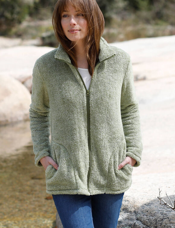 Veste zippée, maille peluche (vert chiné)