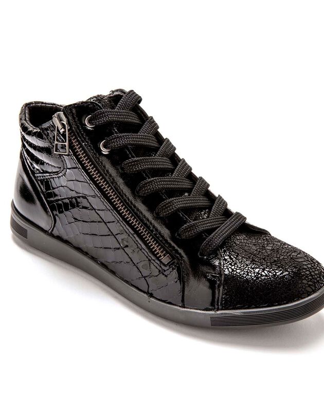 Leren sneakers met hoge schacht en vetersluiting - zwart, zwart Leren sneakers met hoge schacht en vetersluiting - zwart, zwart, hi-res