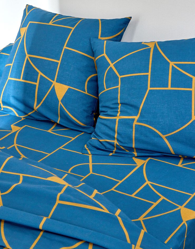 Linge de lit Geoffroy en coton à motifs graphiques (bleu paon)