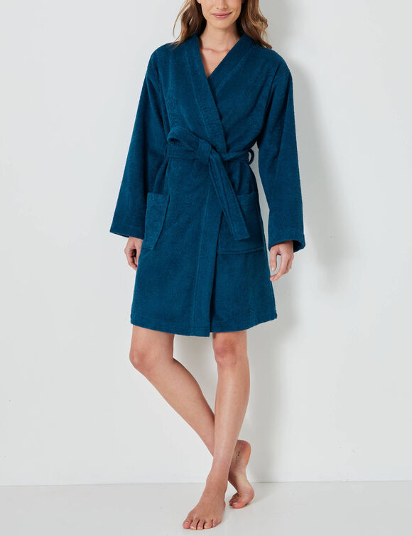 Peignoir court adulte col kimono  - &eacute;ponge bouclette 380 g/m&sup2; (bleu paon)