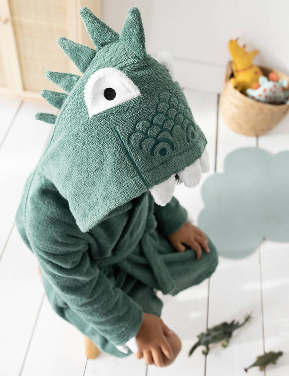 Gepersonaliseerde badjas met capuchon voor kinderen met dinosaurusmotief - badstof 340 g/m&sup2; (eucalyptus)