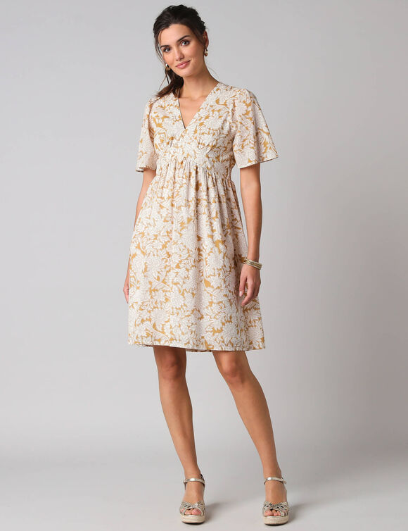 Robe courte en coton col V, imprim&eacute; boh&egrave;me (bronze)