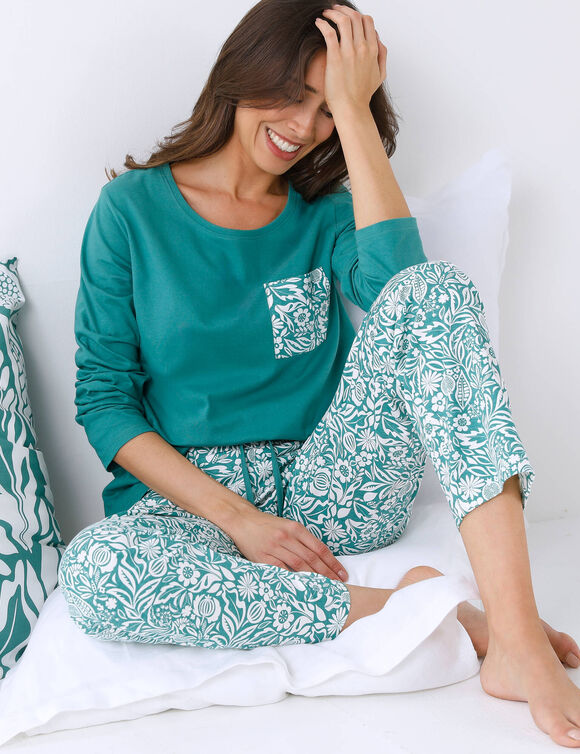 Pyjama pantalon imprim&eacute; bicolore Montego  (vert / &eacute;cru)