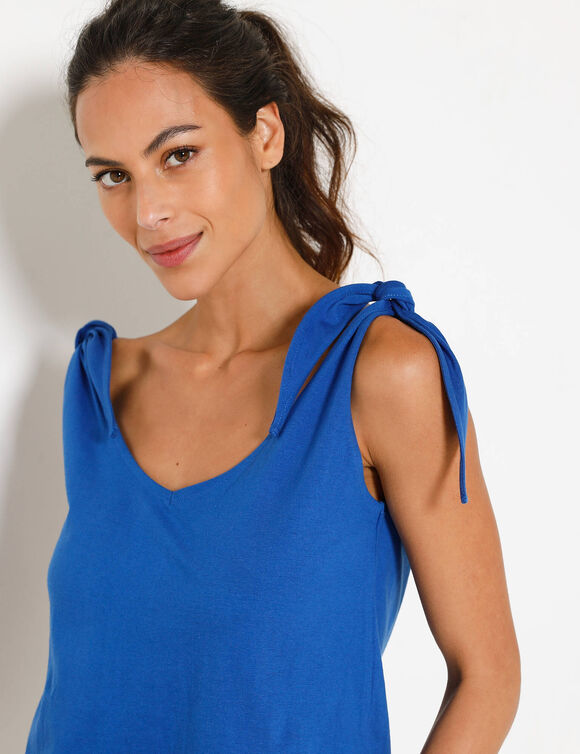 D&eacute;bardeur uni col V, bretelles &agrave; nouettes (bleu dur)