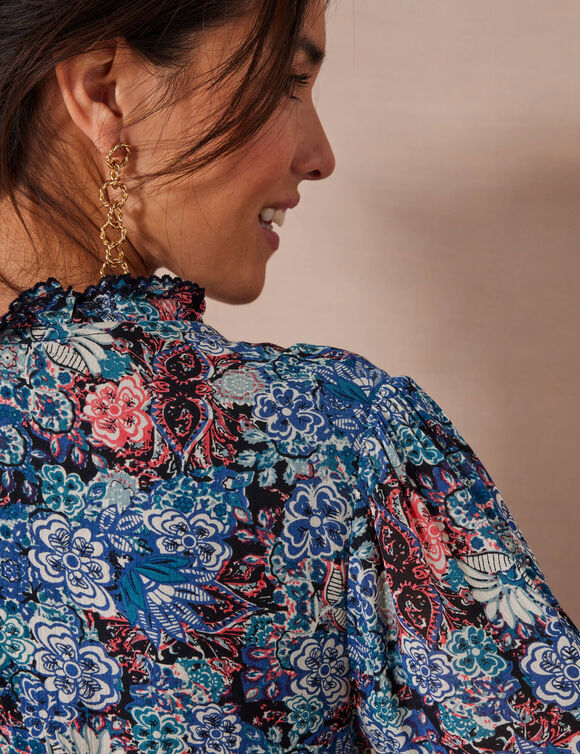 Robe longue imprimé floral finition macramé (marine / bleu)