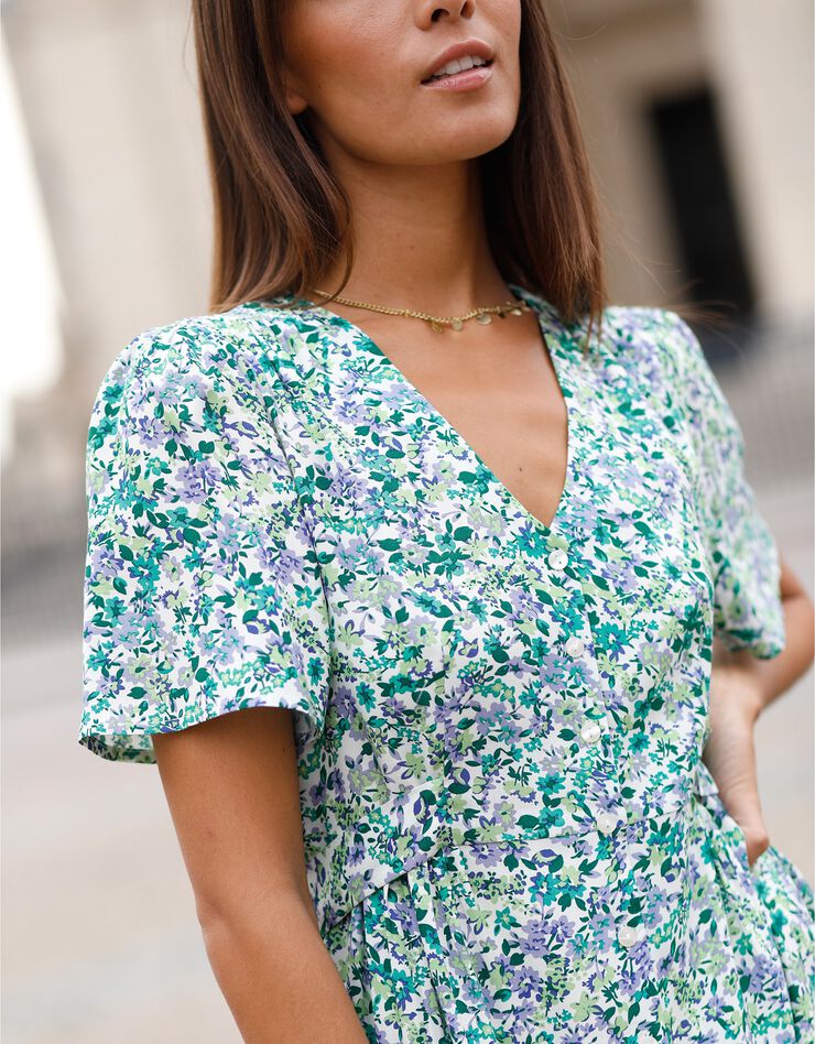 Robe fluide boutonnée imprimée (vert / bleu)