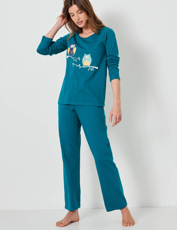 Pyjama en coton imprimé hiboux manches longues  (vert sapin)