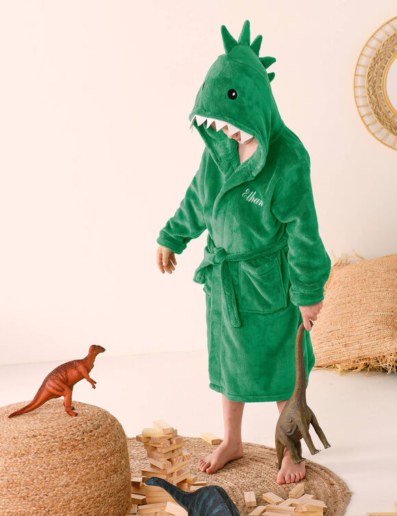 Kinderbadjas met capuchon, personaliseerbaar, dinosaurus, microvezel. (groen)